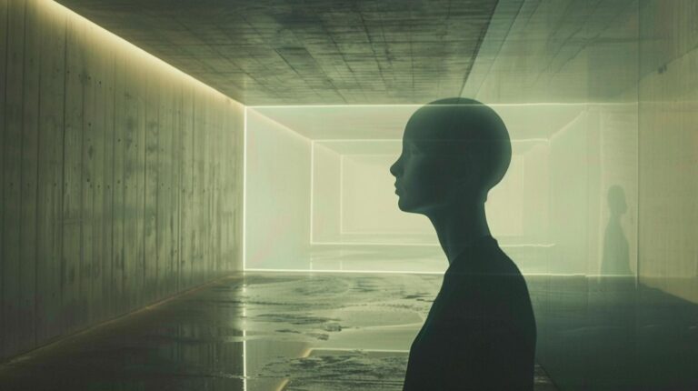 Silhouette of a person with a futuristic aesthetic standing in a dimly lit concrete corridor with ambient lighting.
