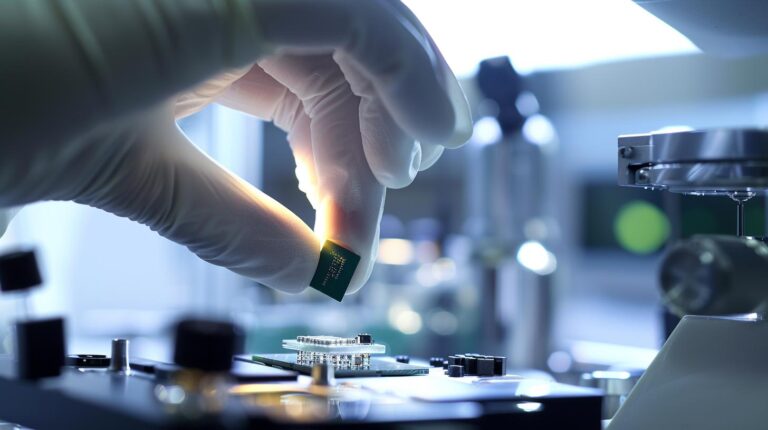 Close-up of a gloved hand holding a microchip in a high-tech laboratory setting.