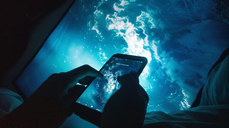 Person using smartphone with glowing map screen against illuminated water backdrop at night