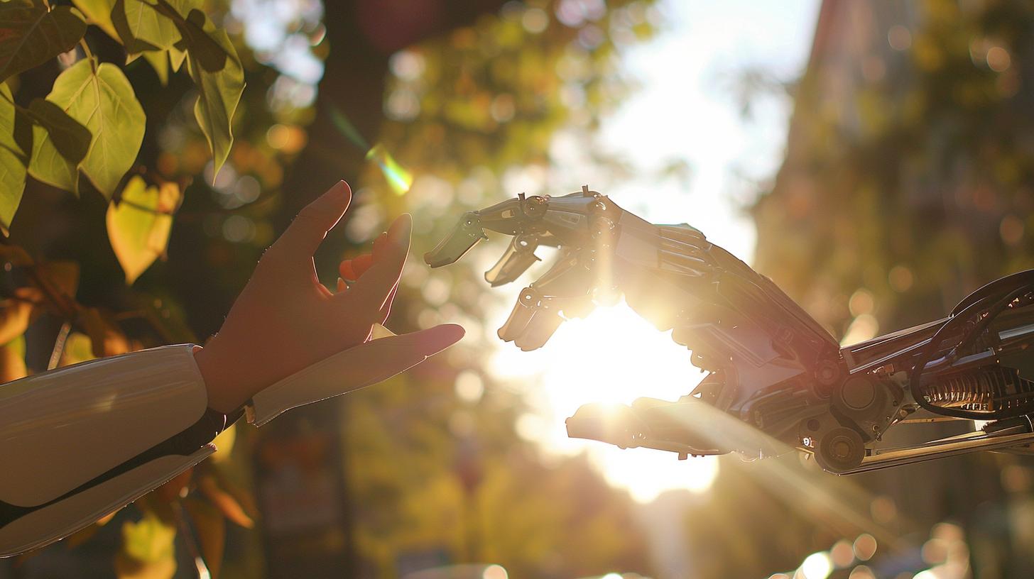 Human hand reaching towards a robotic hand in a sunlit setting with natural foliage in the background.