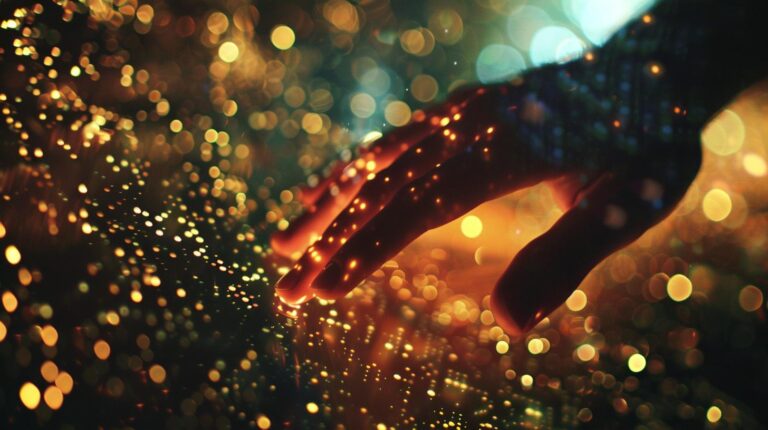 Hand touching illuminated glittering particles with warm bokeh lights background