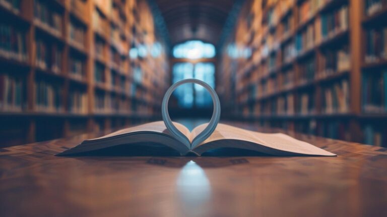 Open book with pages forming a heart shape in a library with blurred bookshelves in the background