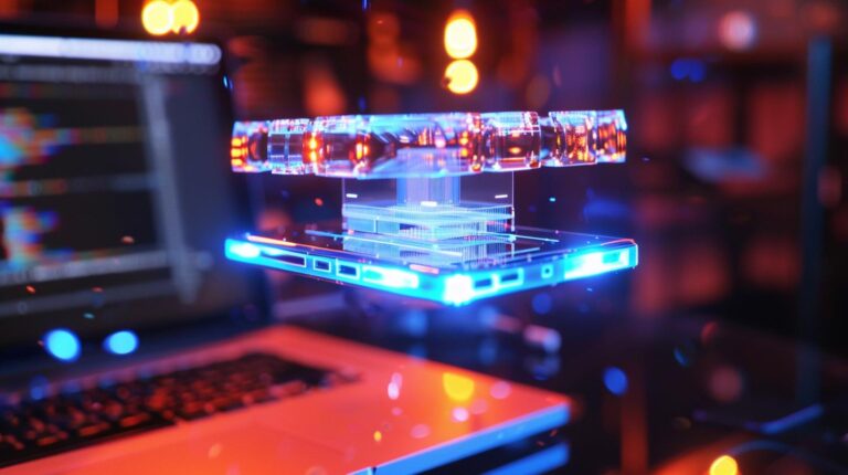 Holographic projection of data and network concept above a laptop in a server room environment.