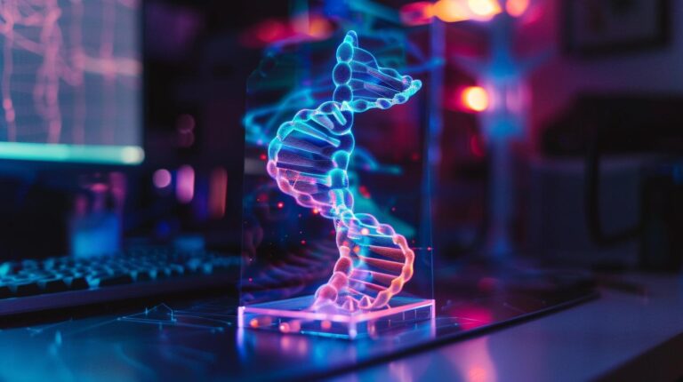 3D holographic DNA structure illuminated on a desk with a computer keyboard and colorful neon lights in the background.
