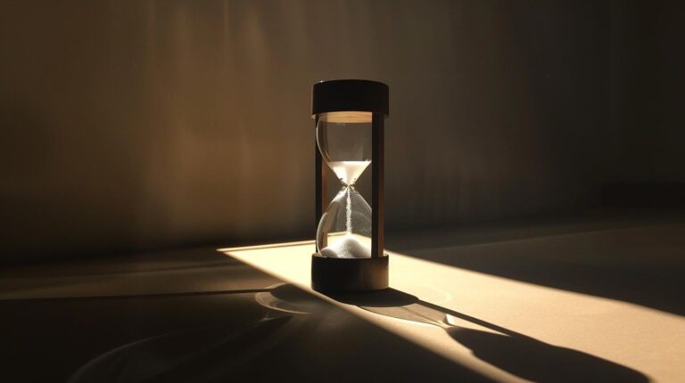 Hourglass on table with dramatic shadows and sunlight.
