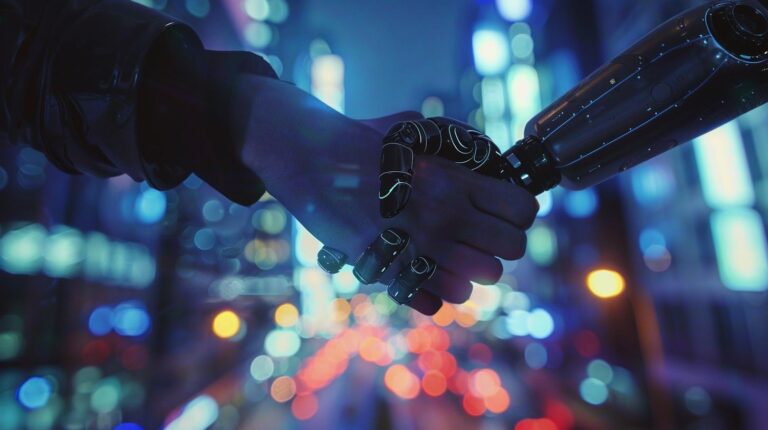 Human hand and robot hand touching against a bokeh city lights background.