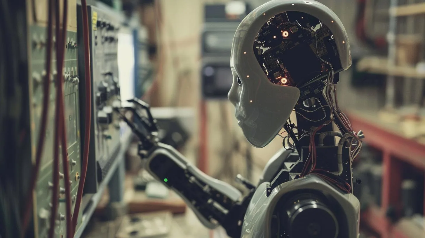 Humanoid robot working with electrical equipment in a laboratory setting