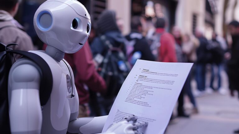 Humanoid robot interacting with people on a busy city street while holding a document.
