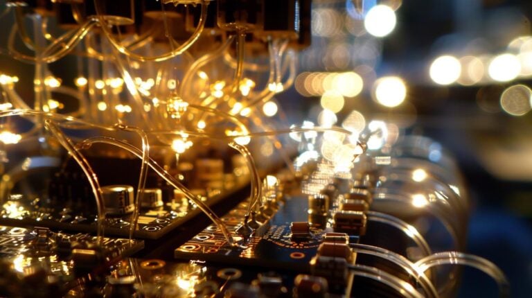 Close-up of illuminated electronic circuit board with bokeh lights