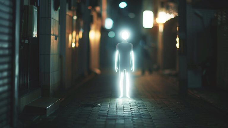 Illuminated figure standing on a dimly lit cobblestone street at night