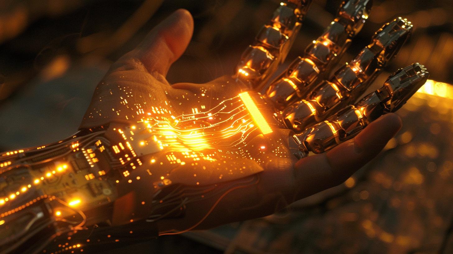 Illuminated robotic hand with circuit pattern technology concept