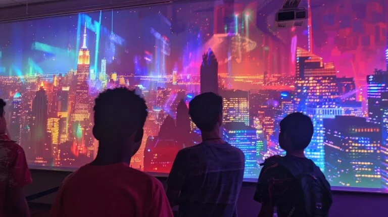 Silhouettes of three people experiencing an interactive neon-lit cityscape projection exhibit.