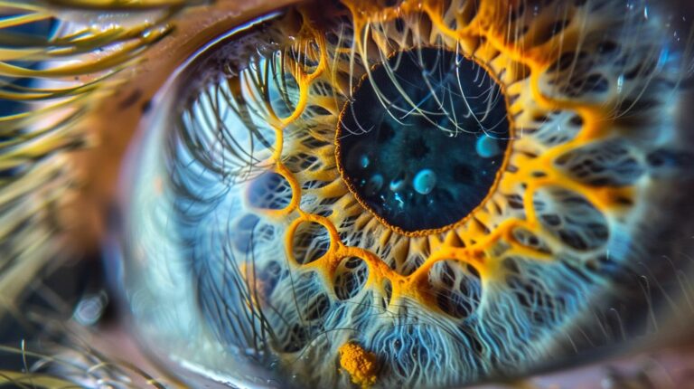 Close-up macro photograph of the intricate details of a human eye with prominent iris patterns and textures.