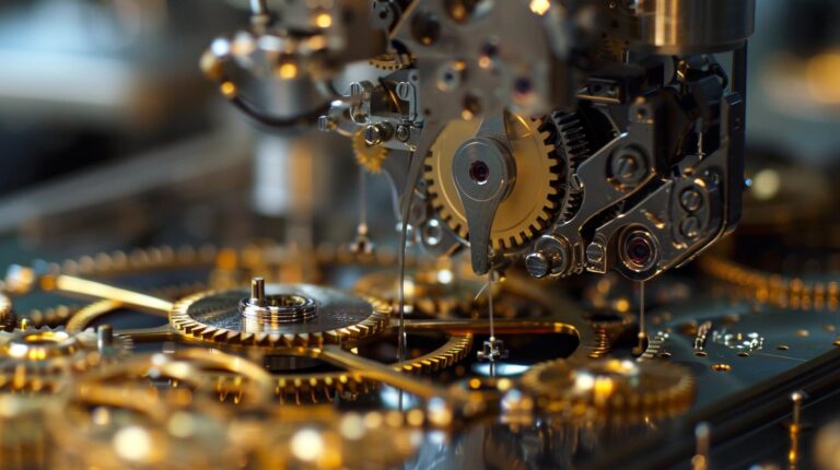 Close-up of intricate watchmaking machinery with gears and components