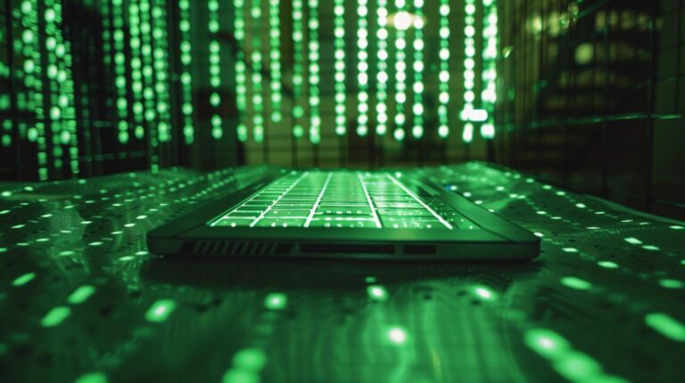 Laptop on a digital binary code background with green neon light reflections