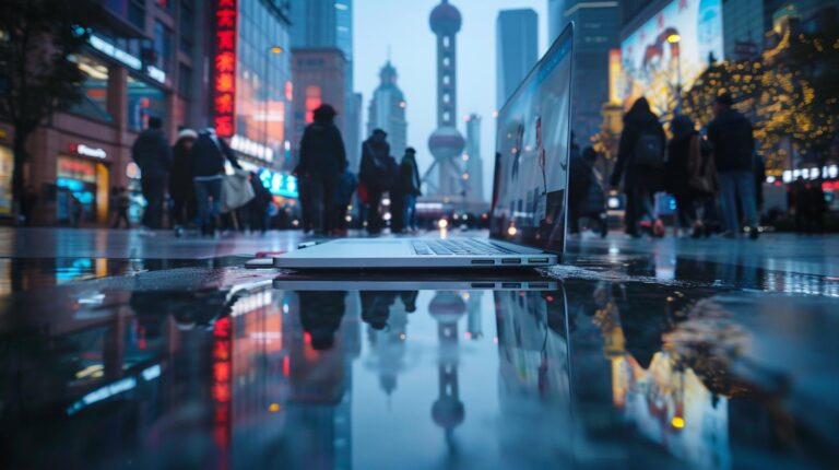 Laptop on wet urban street with pedestrians and city lights reflection at dusk.