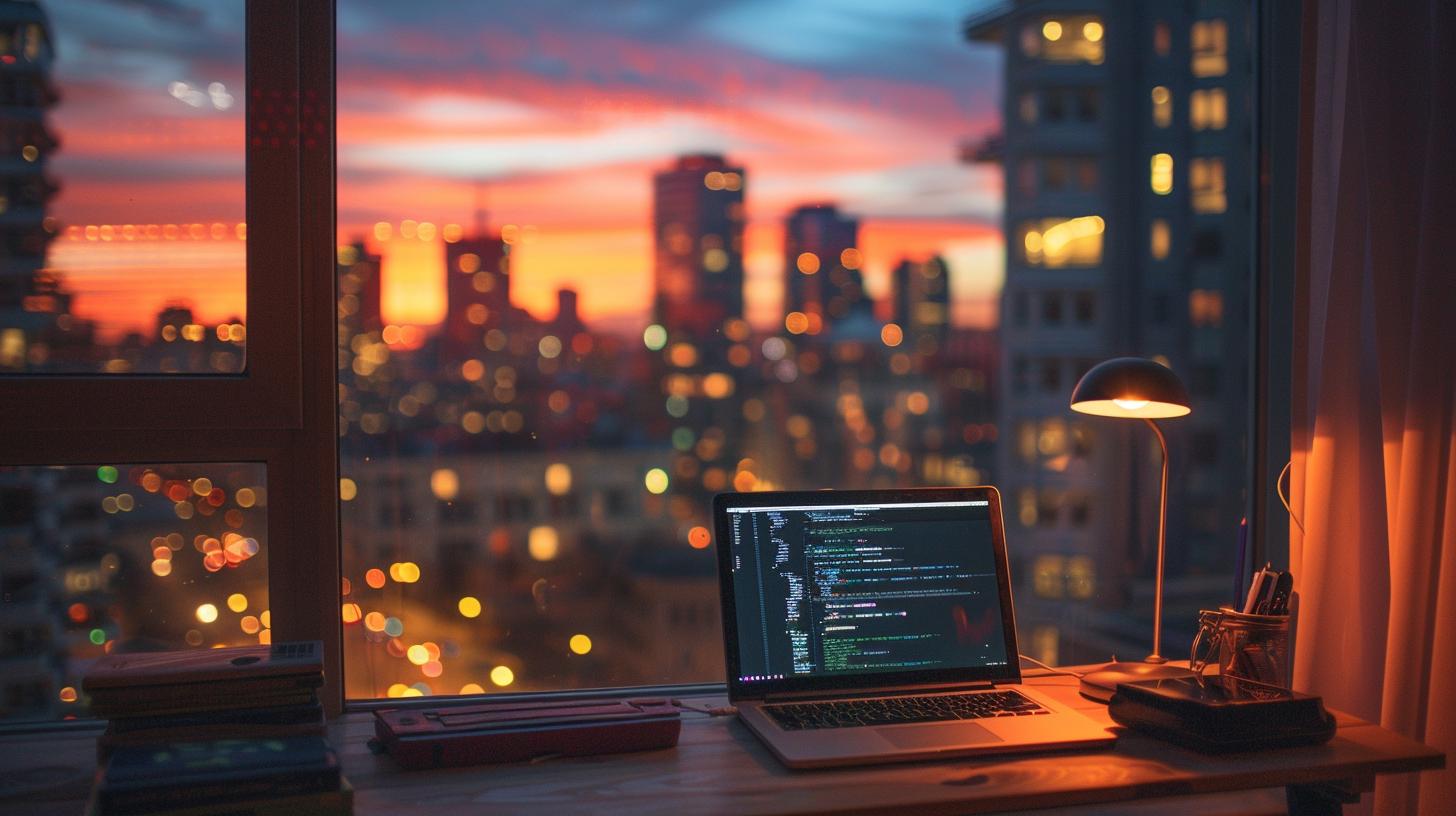 Laptop with code on screen on desk with lamp by window overlooking city at sunset