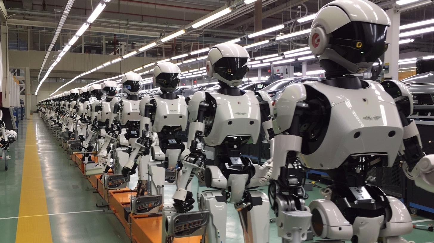 Line of advanced humanoid robots in an industrial factory setting.