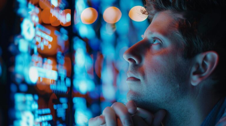 Man contemplating amidst vibrant bokeh light effects.