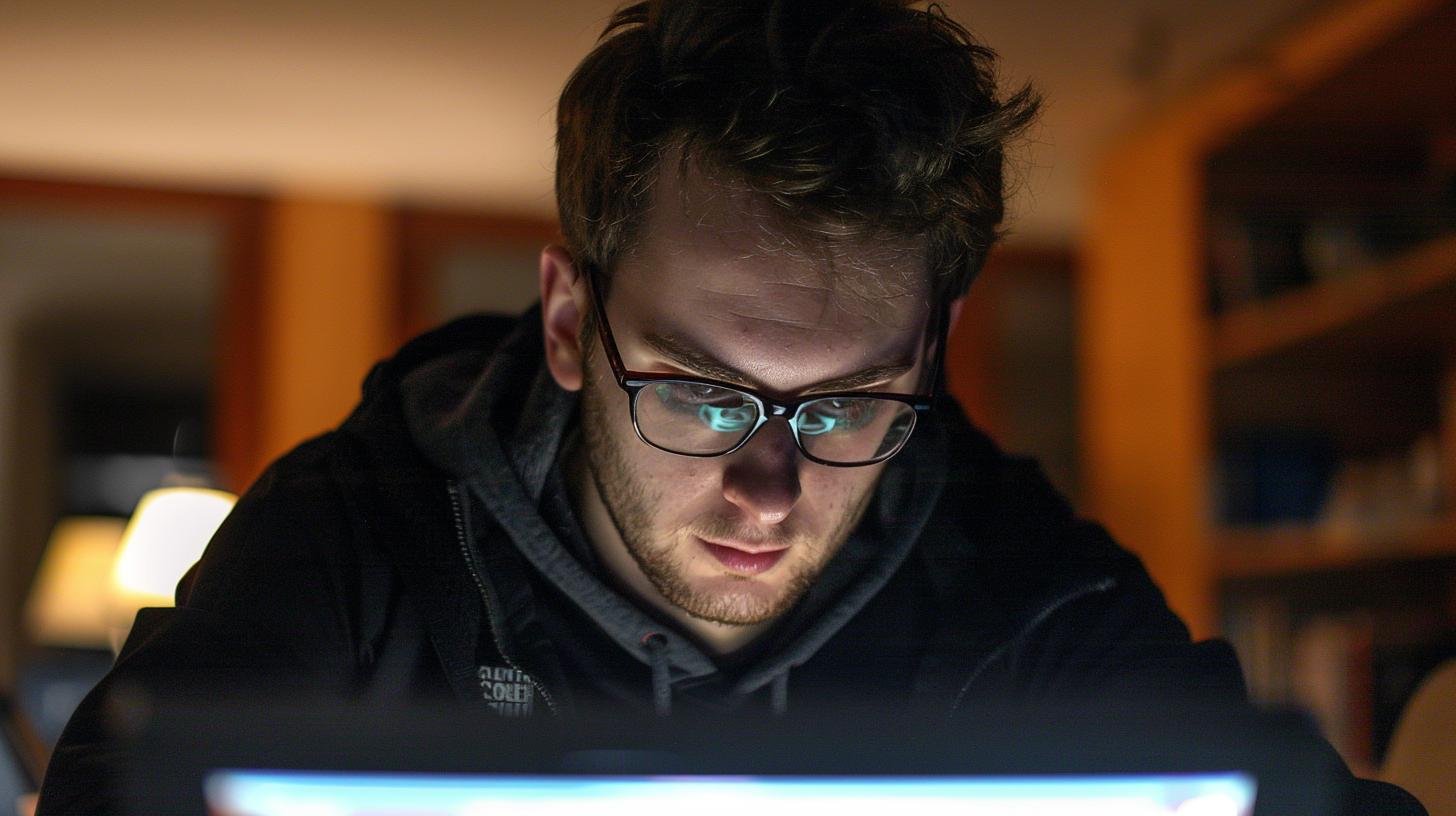 Man concentrating on work on laptop with screen glow illuminating face in dark room.