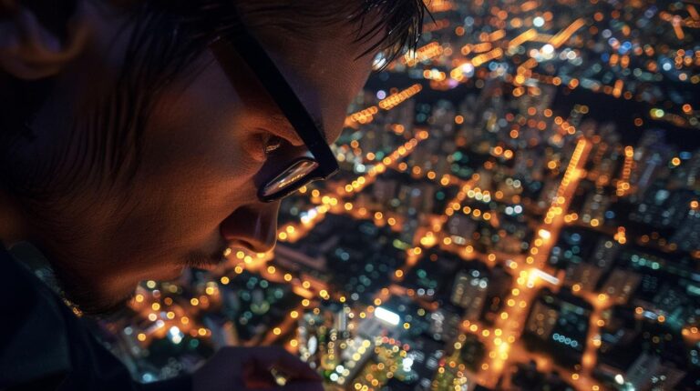 Close-up of a man looking over a cityscape at night with illuminated streets