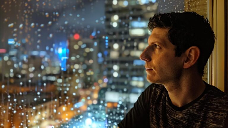 Man gazing out of a window at night with city lights blurred in the background.