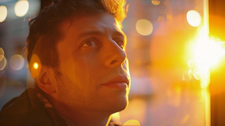 Man gazing thoughtfully with warm sunset light and bokeh effect in the city.