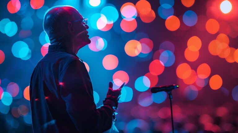 Man on stage with microphone against colorful bokeh light background.
