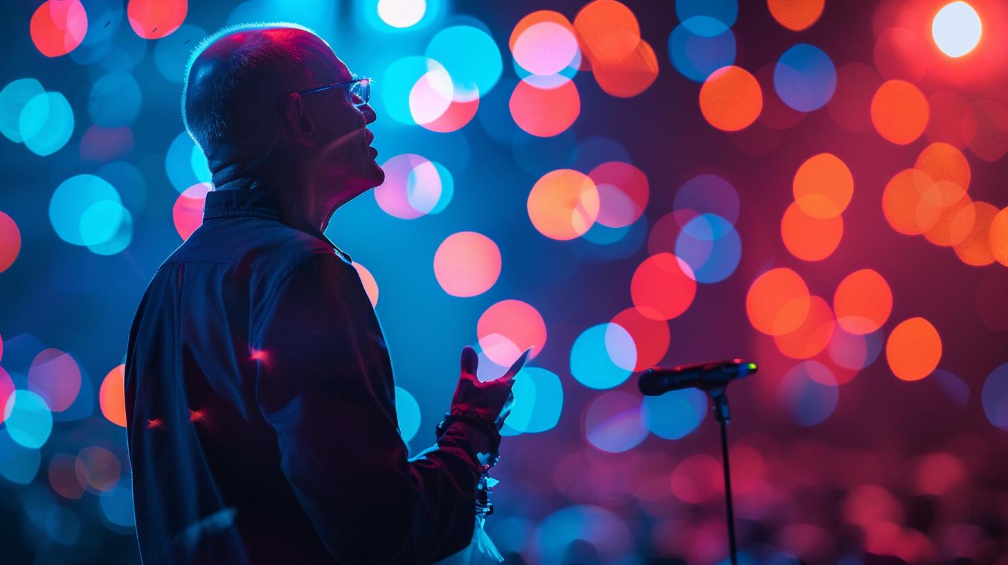 Man on stage with microphone against colorful bokeh light background.