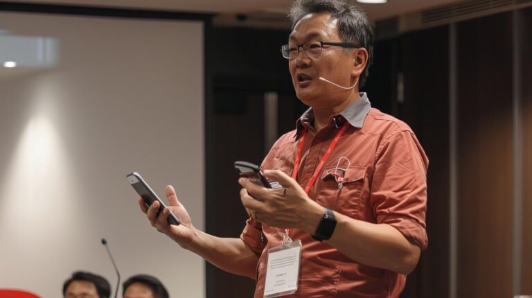 Man presenting at a conference holding a smartphone