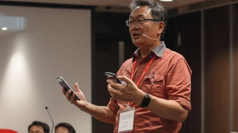 Man presenting at a conference holding a smartphone