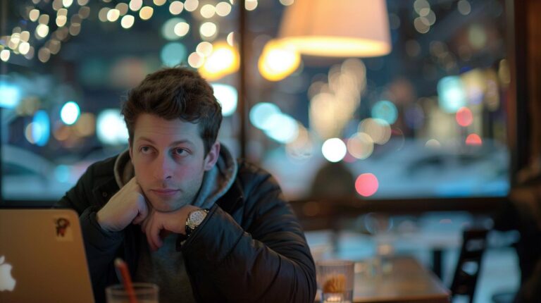 Man sitting in cafe with laptop at night with bokeh lights in background