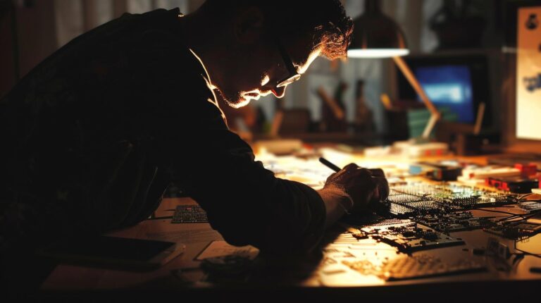 Man focused on soldering electronics at a dimly lit workbench.