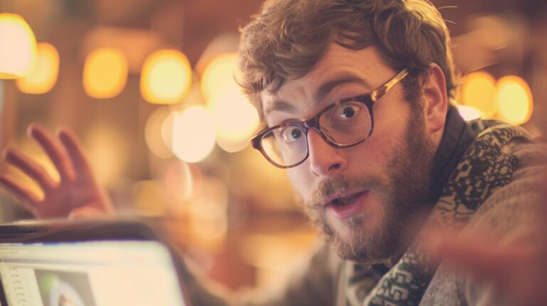Man with glasses showing a surprised expression in front of a laptop with warm bokeh lighting in the background.