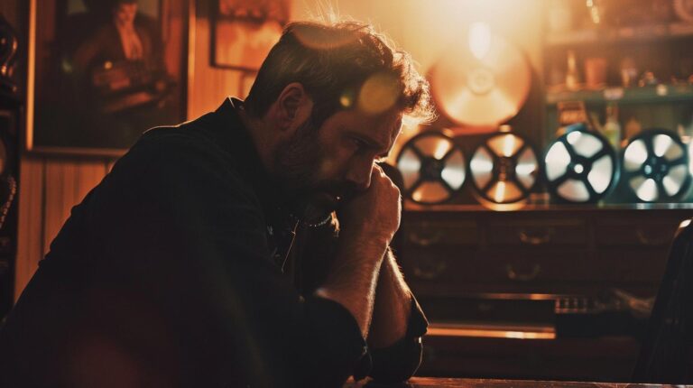 Man deep in thought at a vintage desk with film reels in background