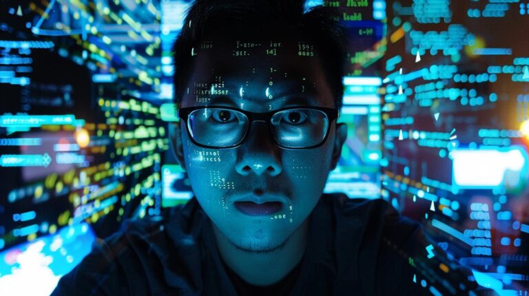 Man with glasses looking at camera with coding overlay on face in neon-lit server room.
