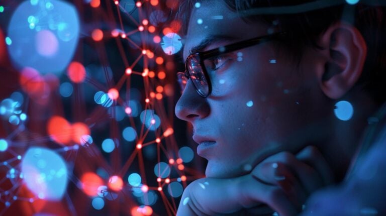 Man with glasses looking intently at glowing network of connected dots and lines in a high-tech setting.