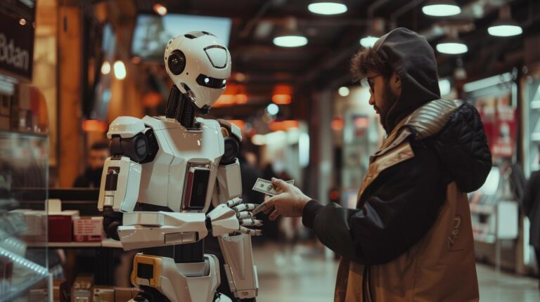 Man interacting with humanoid robot in a shopping mall setting.