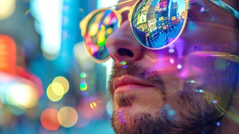 Close-up of a man with sunglasses reflecting city lights at night.