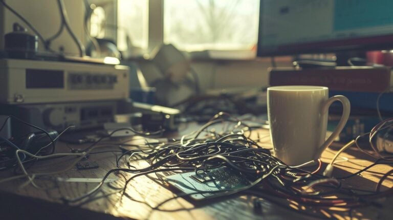 Messy electronics workbench with a cup of coffee, tangled wires, and various tools in soft natural lighting.