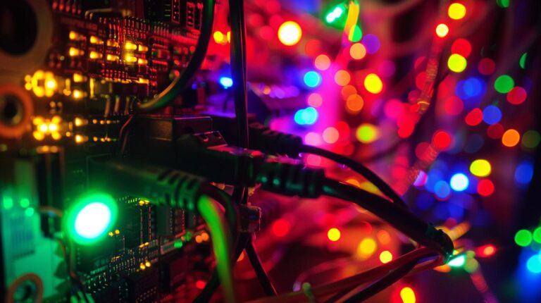 Close-up of computer motherboard with cables and colorful bokeh lights in the background.