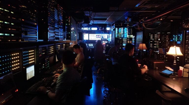 Network operations center with technicians monitoring data on computer screens in a dark room with server racks and ambient lighting
