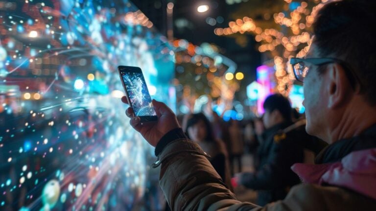 Person taking photo with smartphone of illuminated city lights at night.