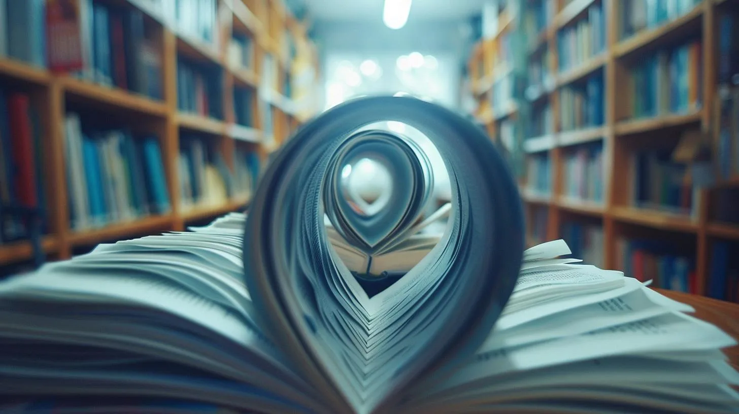 Open book with pages forming a heart shape in a library setting