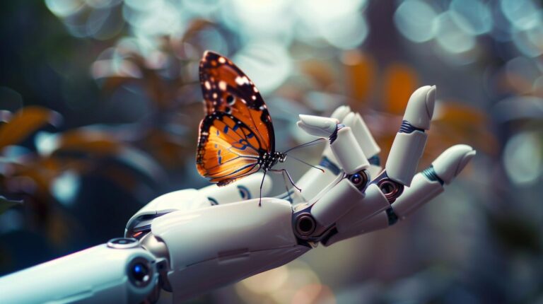 Orange butterfly perched on white robotic hand with blurred background.