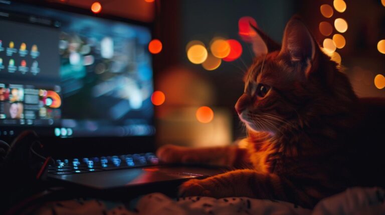 Orange tabby cat lounging near a laptop with a video game on screen, illuminated by colorful bokeh lights in a dark room.
