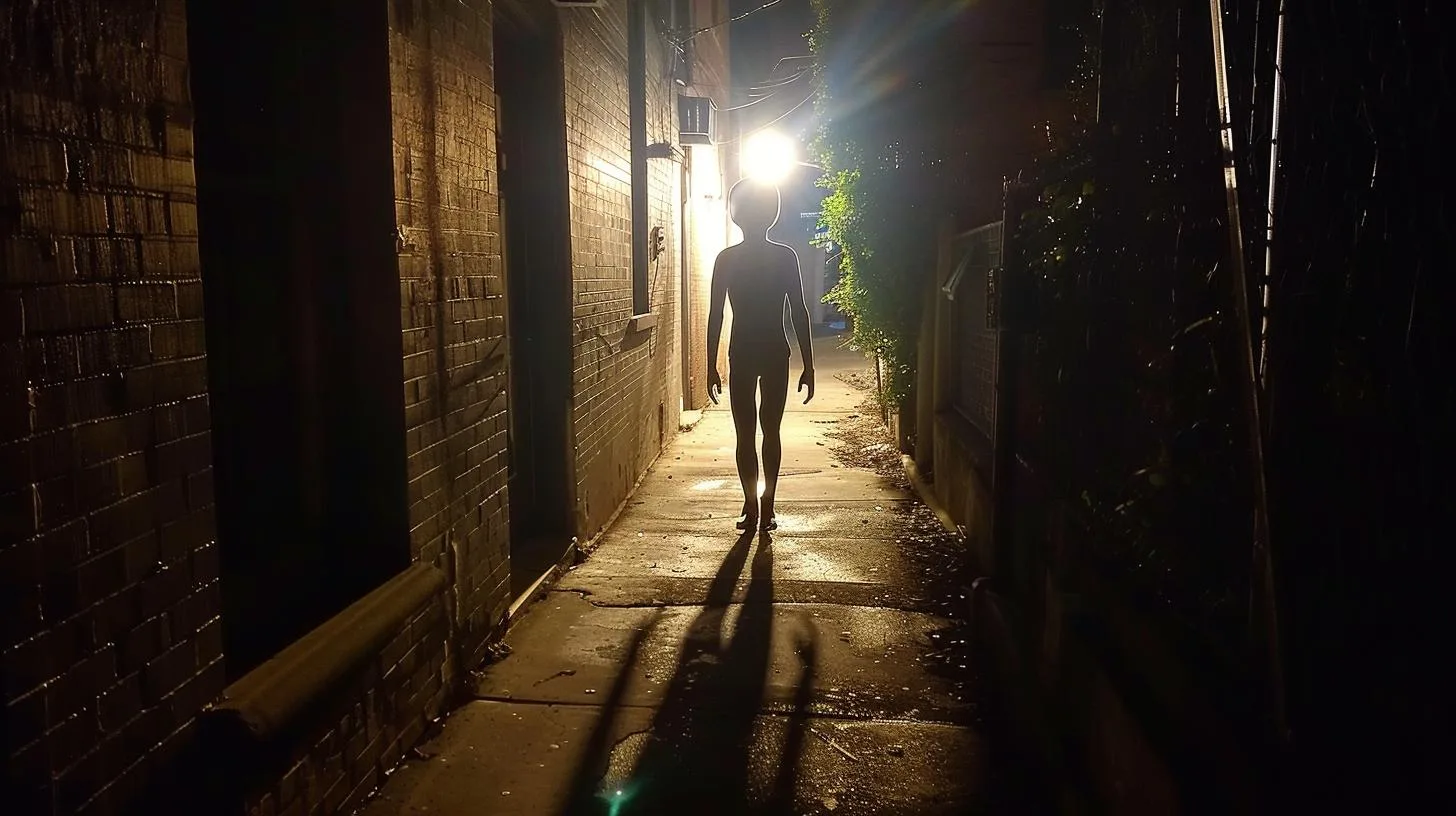 Person standing in a dark alleyway lit by an overhead light at night