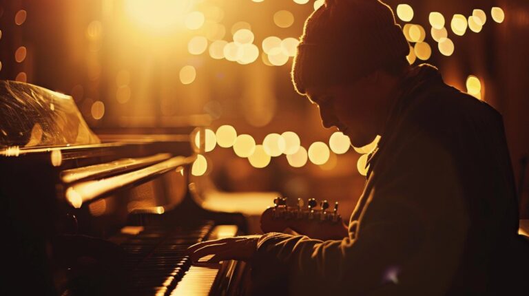 Person playing piano at night with bokeh lights in the background.