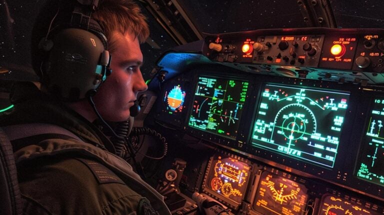 Pilot in cockpit with flight helmet looking at illuminated aviation instruments at night.