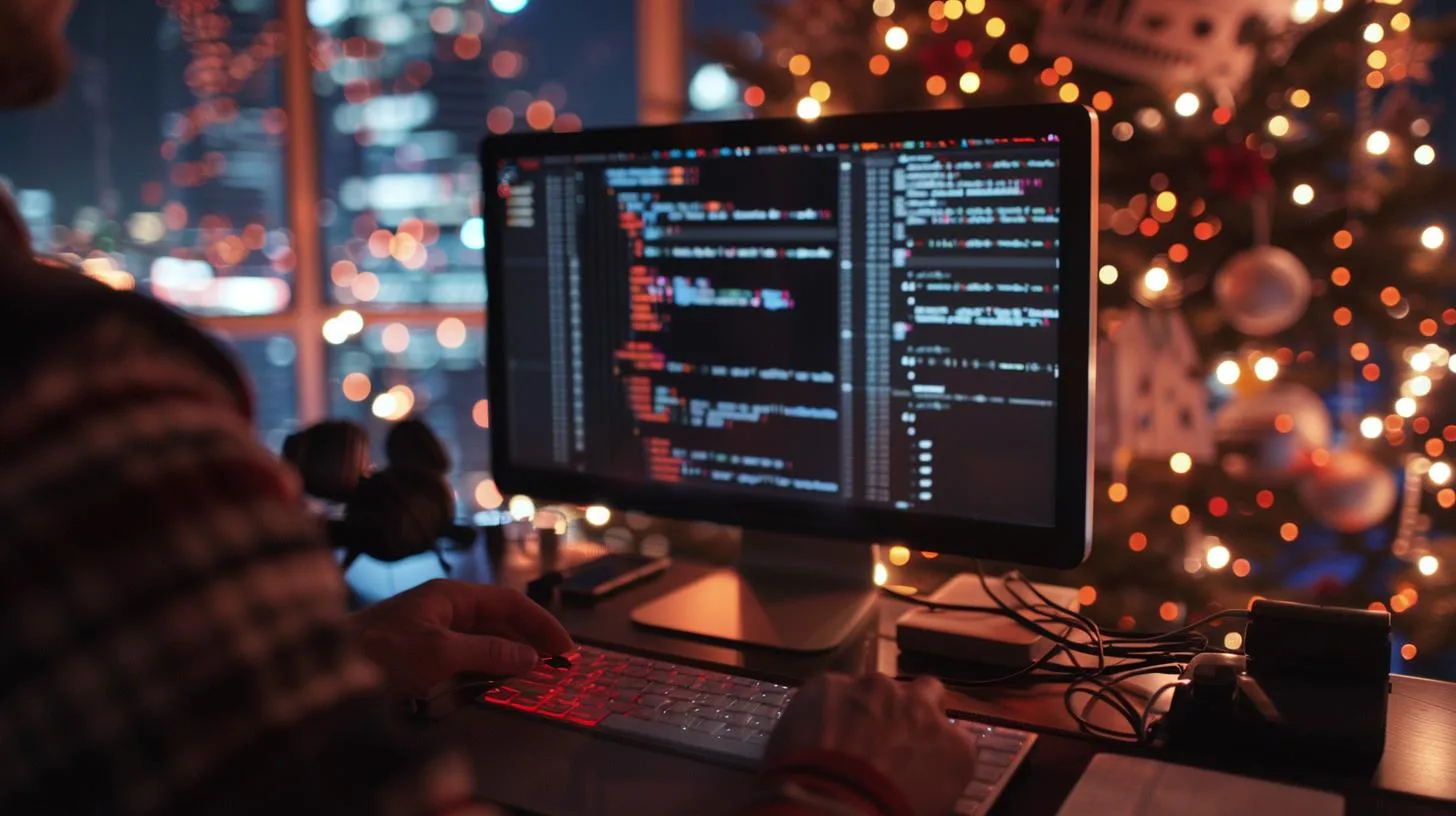 Programmer working on code with laptop and monitor on desk decorated with Christmas lights.